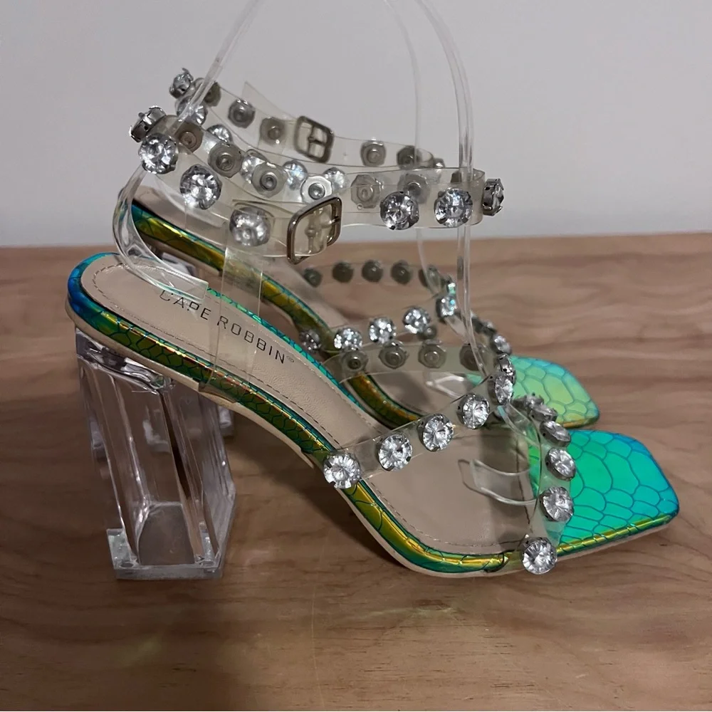 Cape Robbin Rhinestone Strap Clear Block Heels